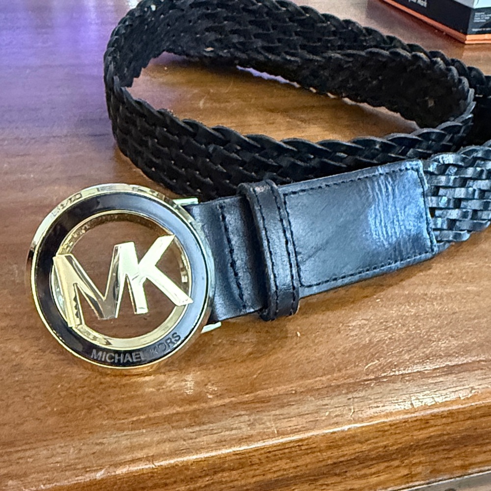 Michael Kors Black Braided Belt with Gold Logo Buckle